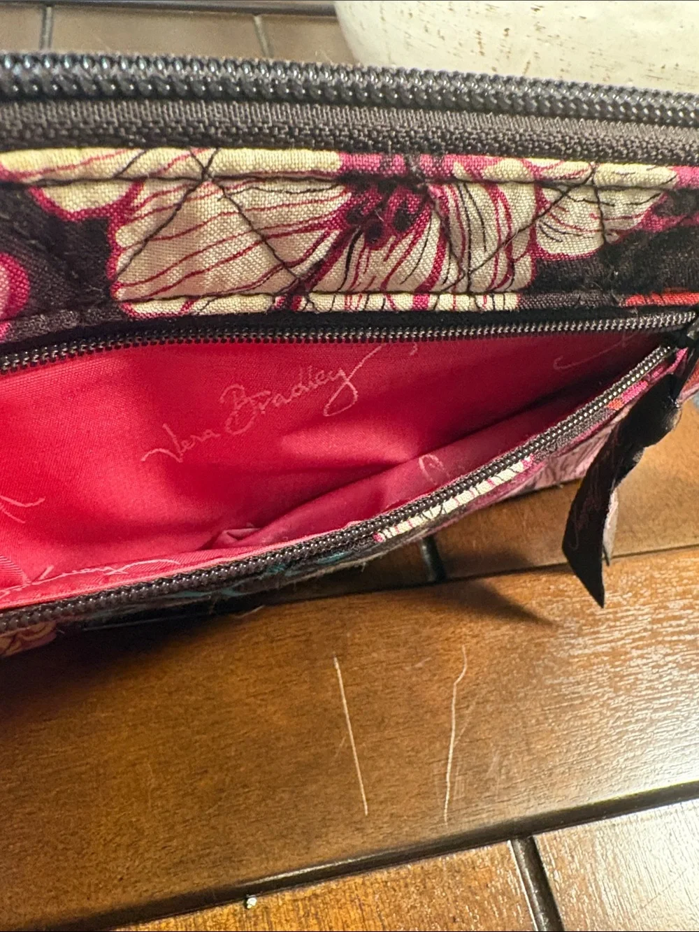 Vera Bradley Floral Zip Wallet in Pink, Brown & Cream Accents
